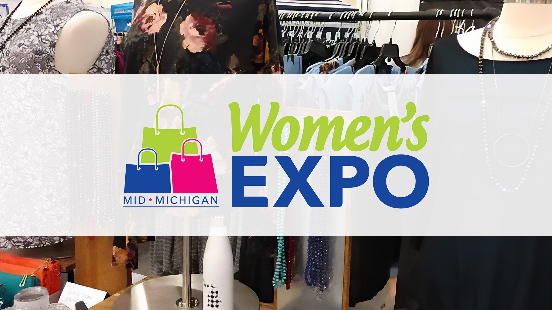 Women's Expo logo over display of merchandise to be sold at event