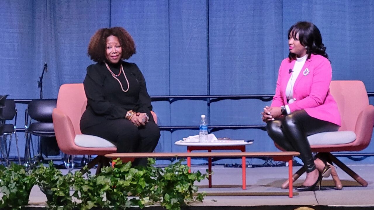 Ruby Bridges, left, and state Senator Sarah Anthony (D), right, speak at an event honoring Martin Luther King Jr. on Monday, January 15, 2024.