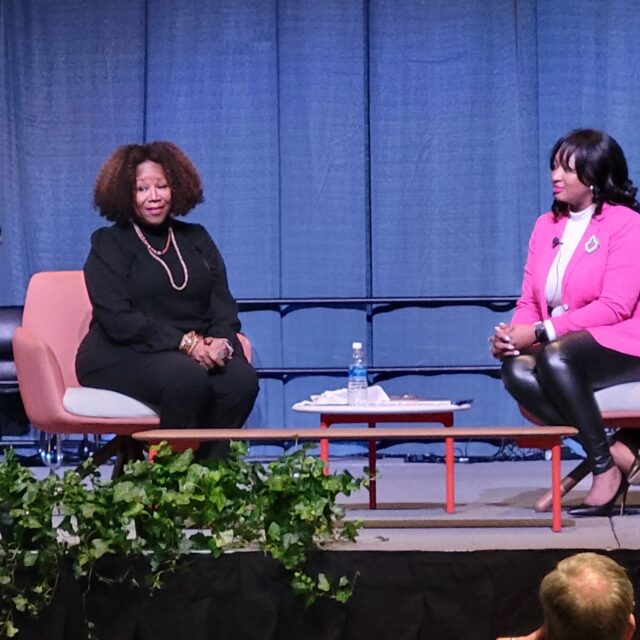 Ruby Bridges, left, and state Senator Sarah Anthony (D), right, speak at an event honoring Martin Luther King Jr. on Monday, January 15, 2024.